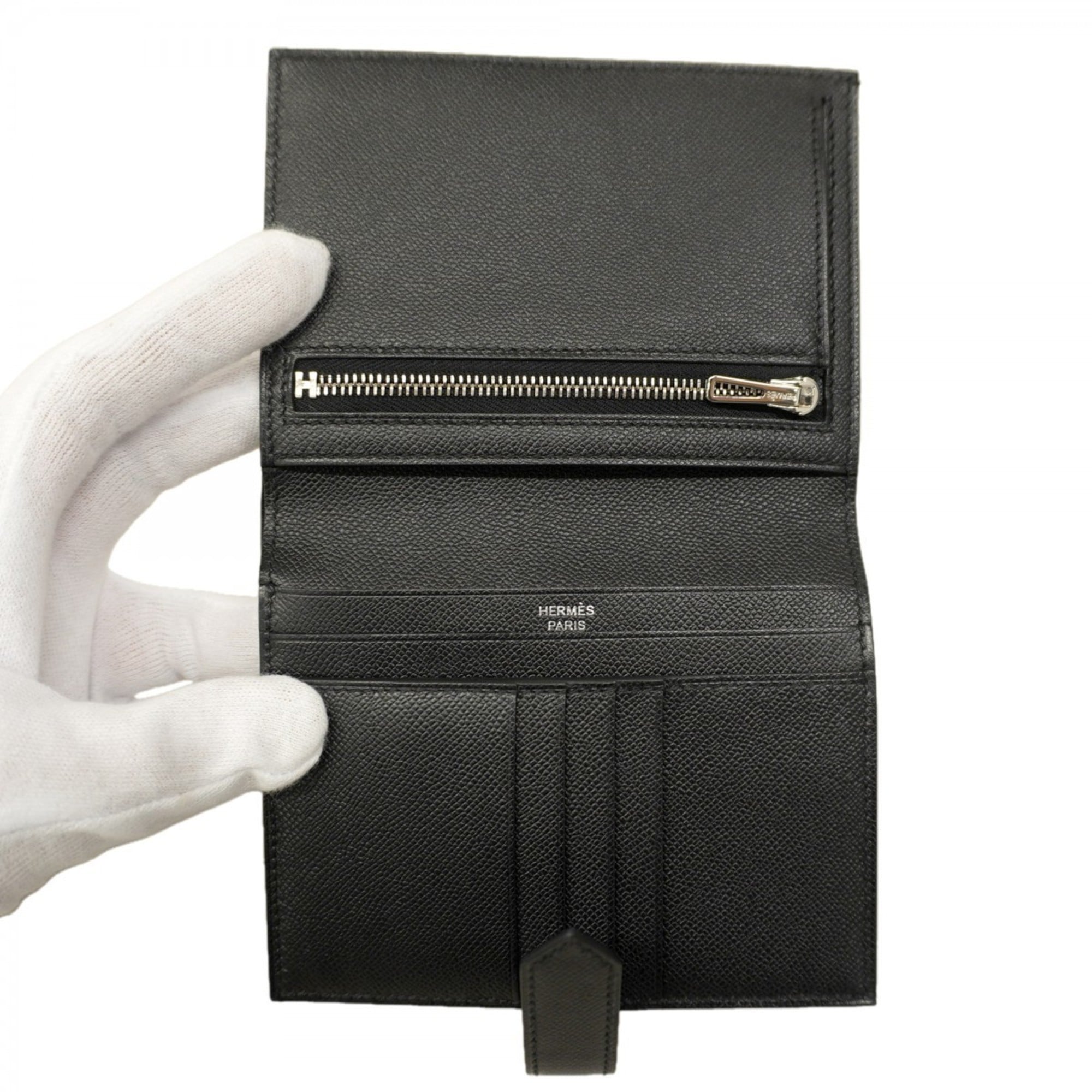 Hermes Hermès Bearn Compact Wallet, Monochrome, So Black, Veau Madame, W Stamp, Men's and Women's