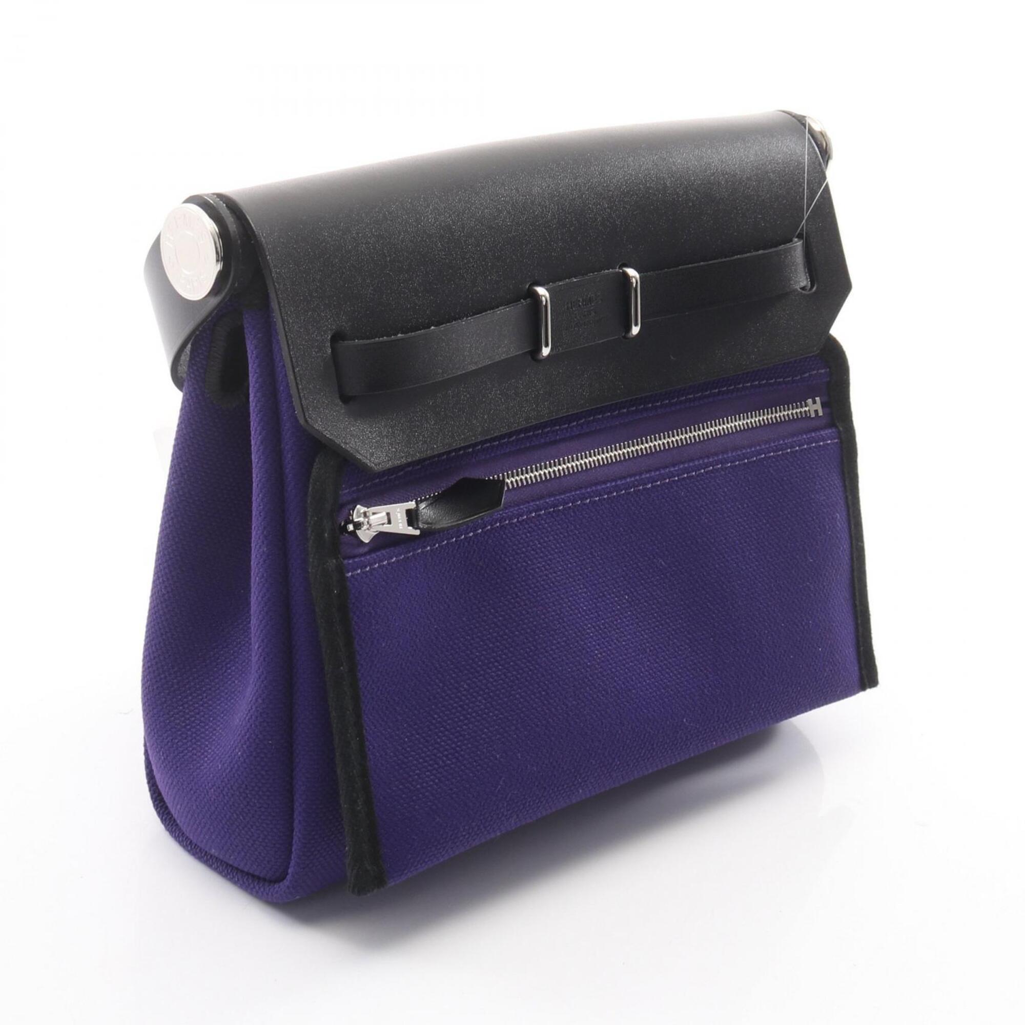 Hermes Herbag Zip Mini Shoulder Bag Handbag Canvas Leather Toile Military Vache Hunter Women's Purple Black — New - Store Return