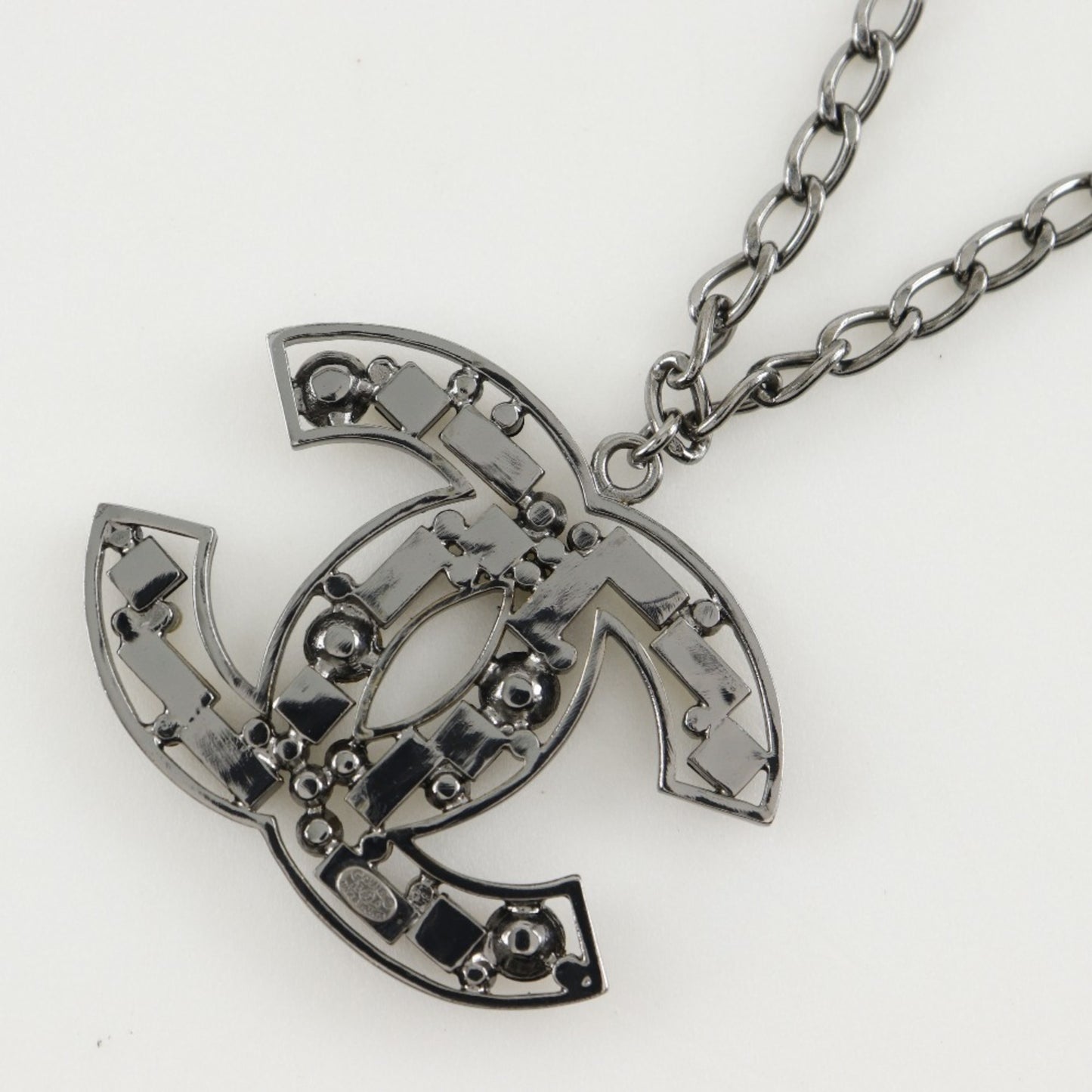 CHANEL COCO Mark Necklace with Rhinestones, 2003, Silver/Black, 03A, Approx. 34.1g, Women's