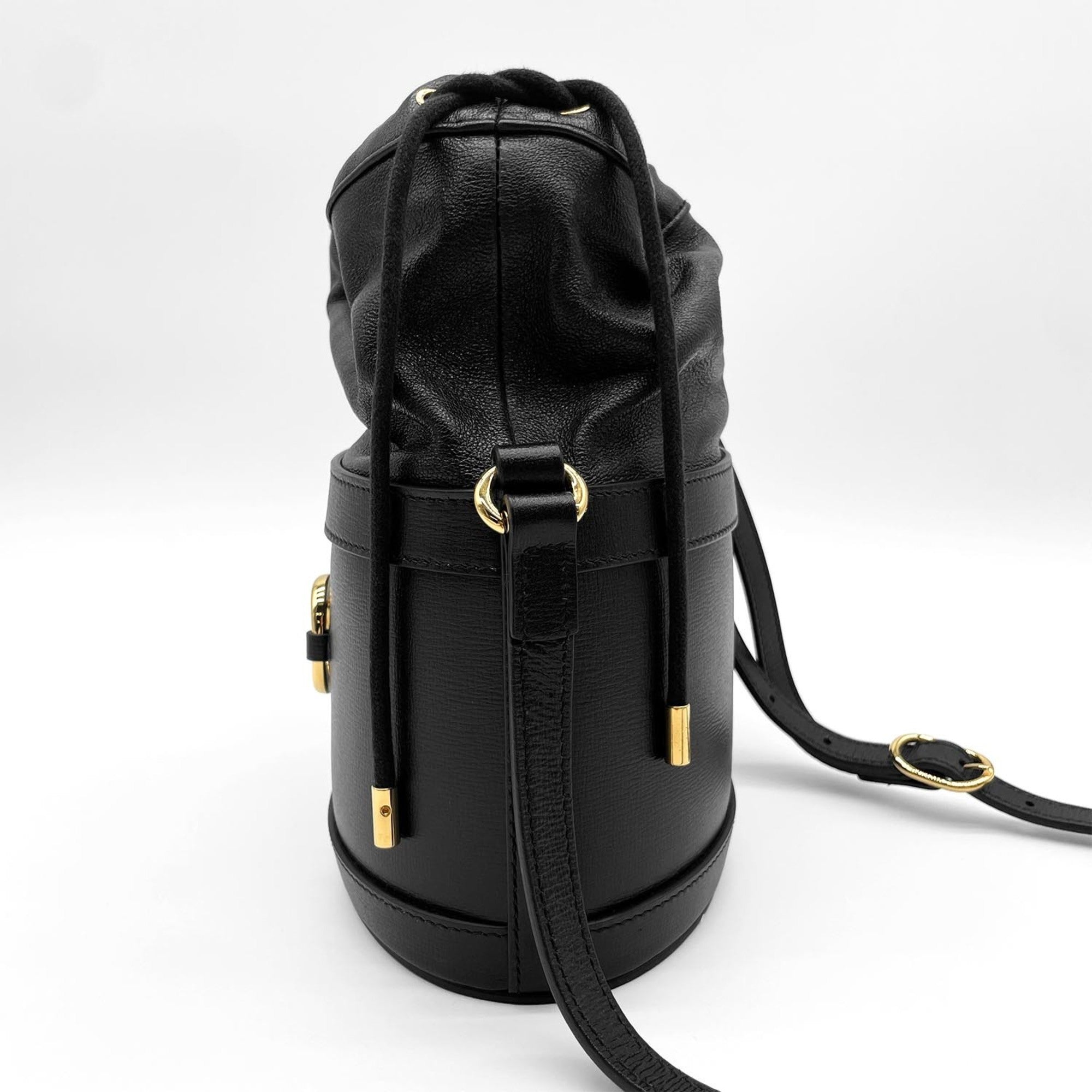GUCCI Horsebit 1955 Bucket Drawstring Shoulder Bag, Leather, Black, Women's — Like New