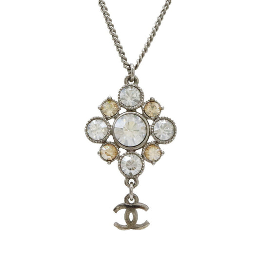 CHANEL Coco Mark Necklace Pendant Rhinestone Metal Silver Color C11V