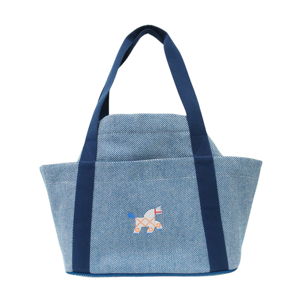 HERMES Animaux Natte Tote Bag, Embroidered Animal Motif, Snap Button Closure, Drawstring, Wool Cotton, Blue Pants, Women's — Like New