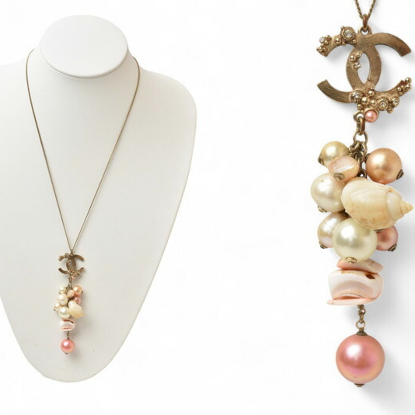 Chanel Long Necklace Pendant CHNAEL Coco CC Pearl Shell Motif Gold Rose 07