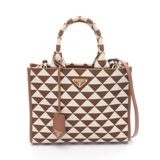 Prada Symbol Small Tote Bag, Canvas, Women's, Brown and White, 1BA354