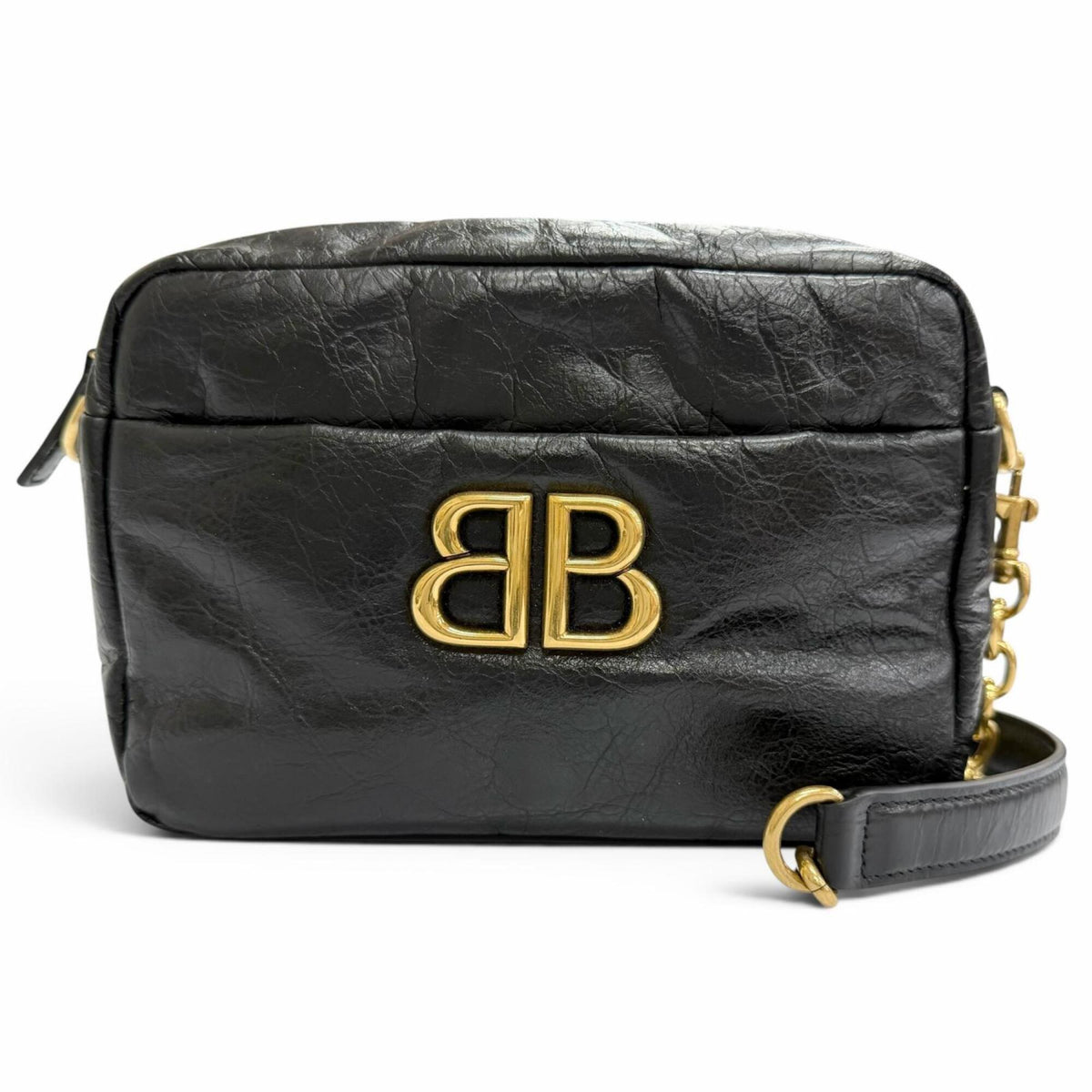 BALENCIAGA 806459 Monaco Arena Calfskin Camera Bag Chain Shoulder Black Antique Gold Hardware Made in Italy Women's — Like New