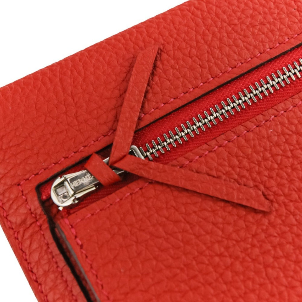 HERMES Dogon Long Wallet in Taurillon Clemence Leather with Silver Hardware, K Stamp, Made 2025, Red, Women's