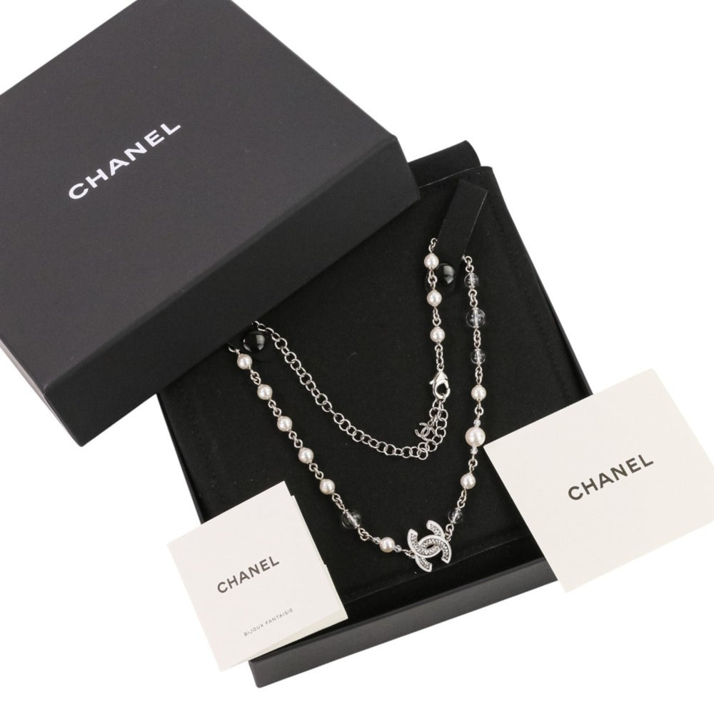 A25C CHANEL Rhinestone Coco Mark Pearl Necklace, Silver/White, Women's — Like New