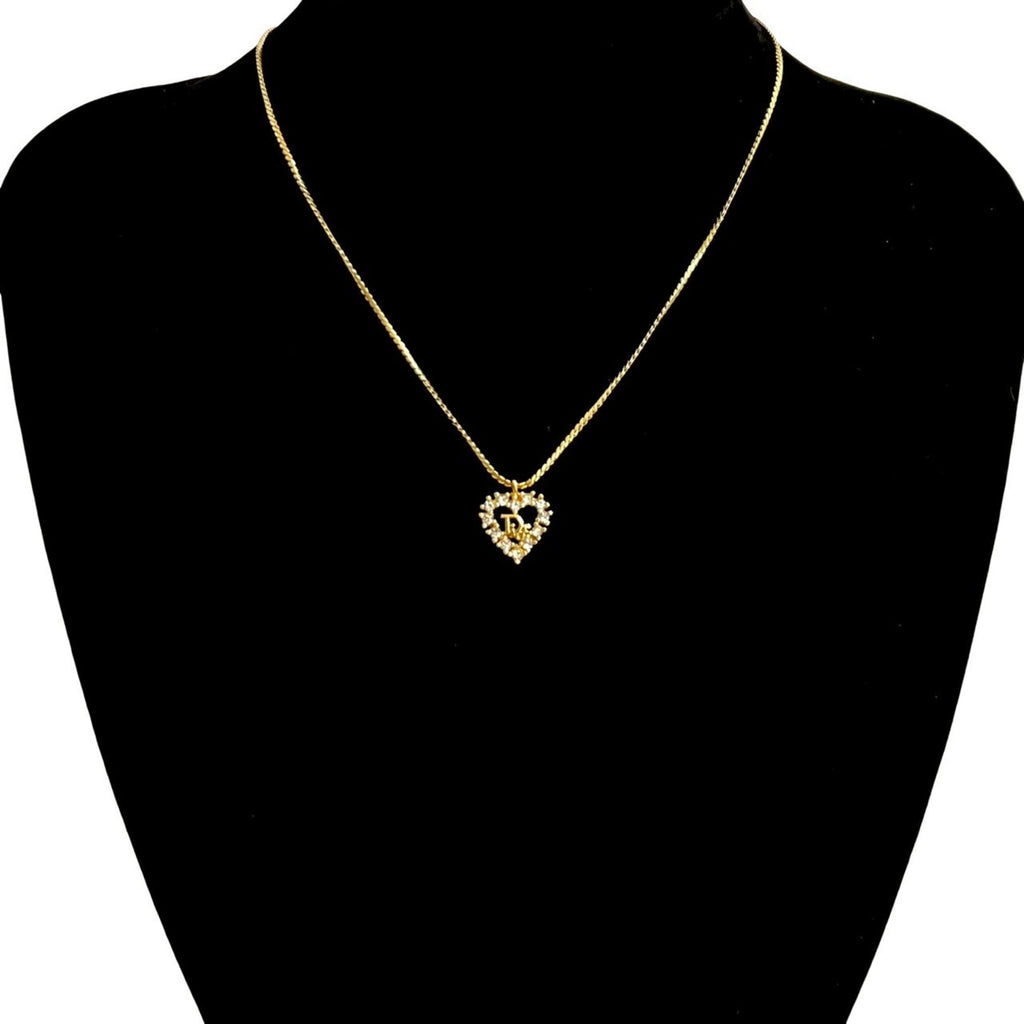 Christian Dior logo heart motif GP rhinestone necklace pendant gold 10266