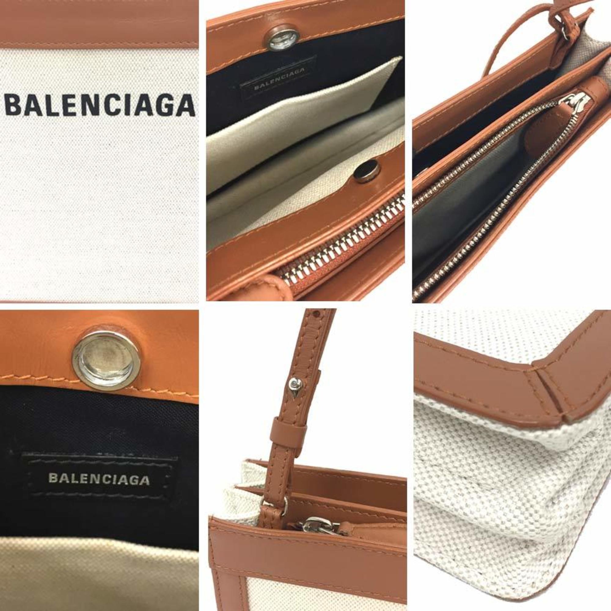 BALENCIAGA Navy Pochette Shoulder Bag 39937 Canvas/Leather White/Brown — Like New