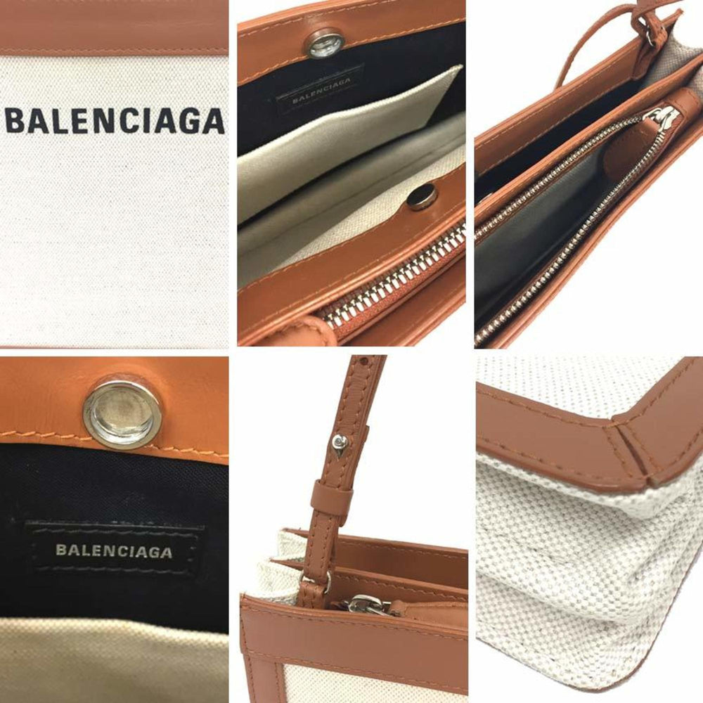BALENCIAGA Navy Pochette Shoulder Bag 39937 Canvas/Leather White/Brown — Like New