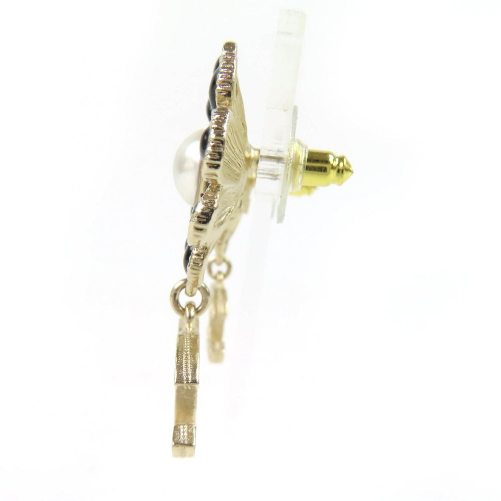 CHANEL A22K GP Coco Mark Flower Rhinestone Faux Pearl Swing Earrings (Pair) Gold Black Made in France Women's Stylish and Cute Recommended ◎ — Like New