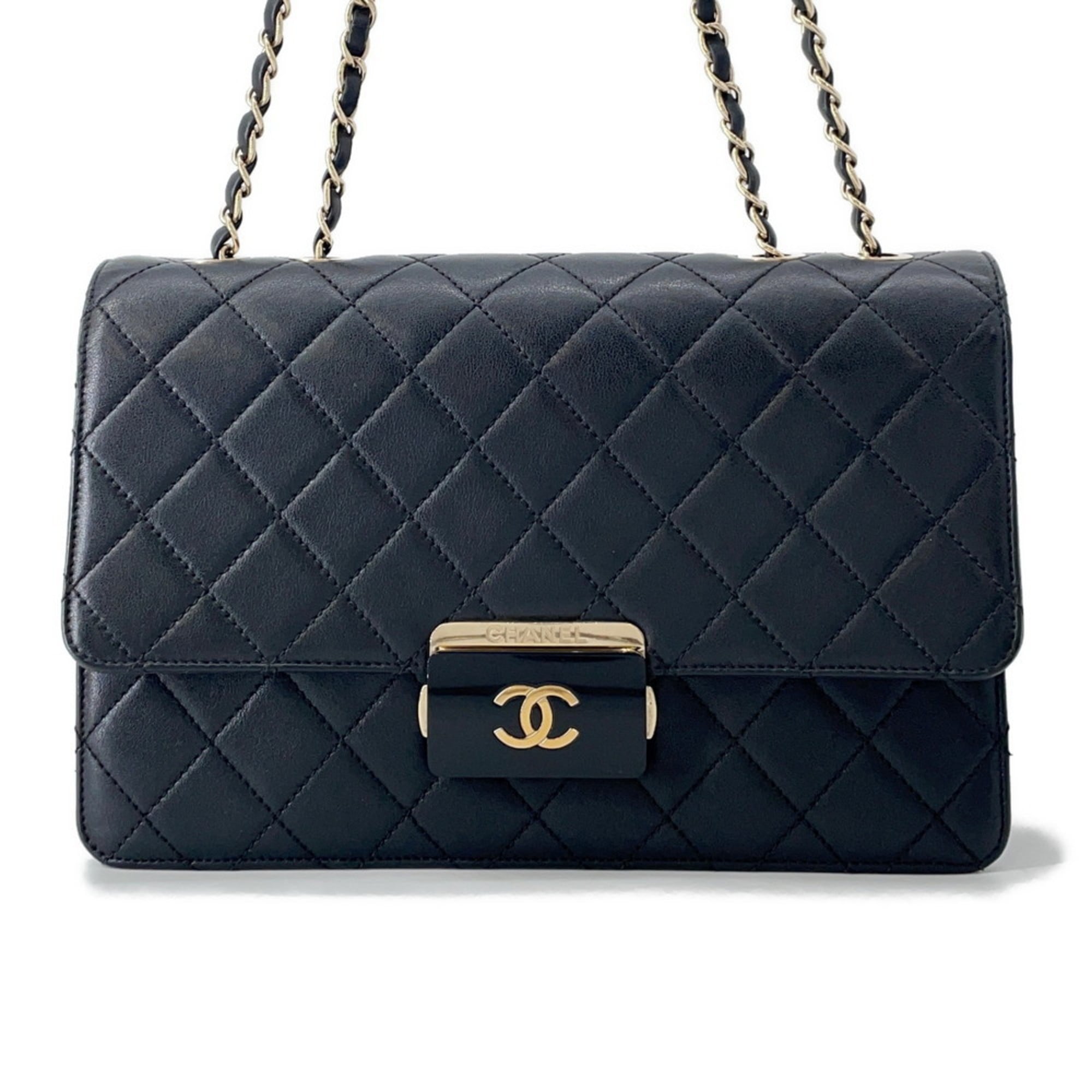 CHANEL Chain Shoulder Bag, Coco Mark, Beauty Lock, Matelasse Leather, A93223, Black