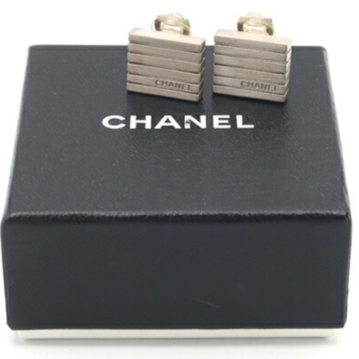 Chanel Earrings Silver Metal 99A 1999 Model Ear Square Stripe Women's CHANEL