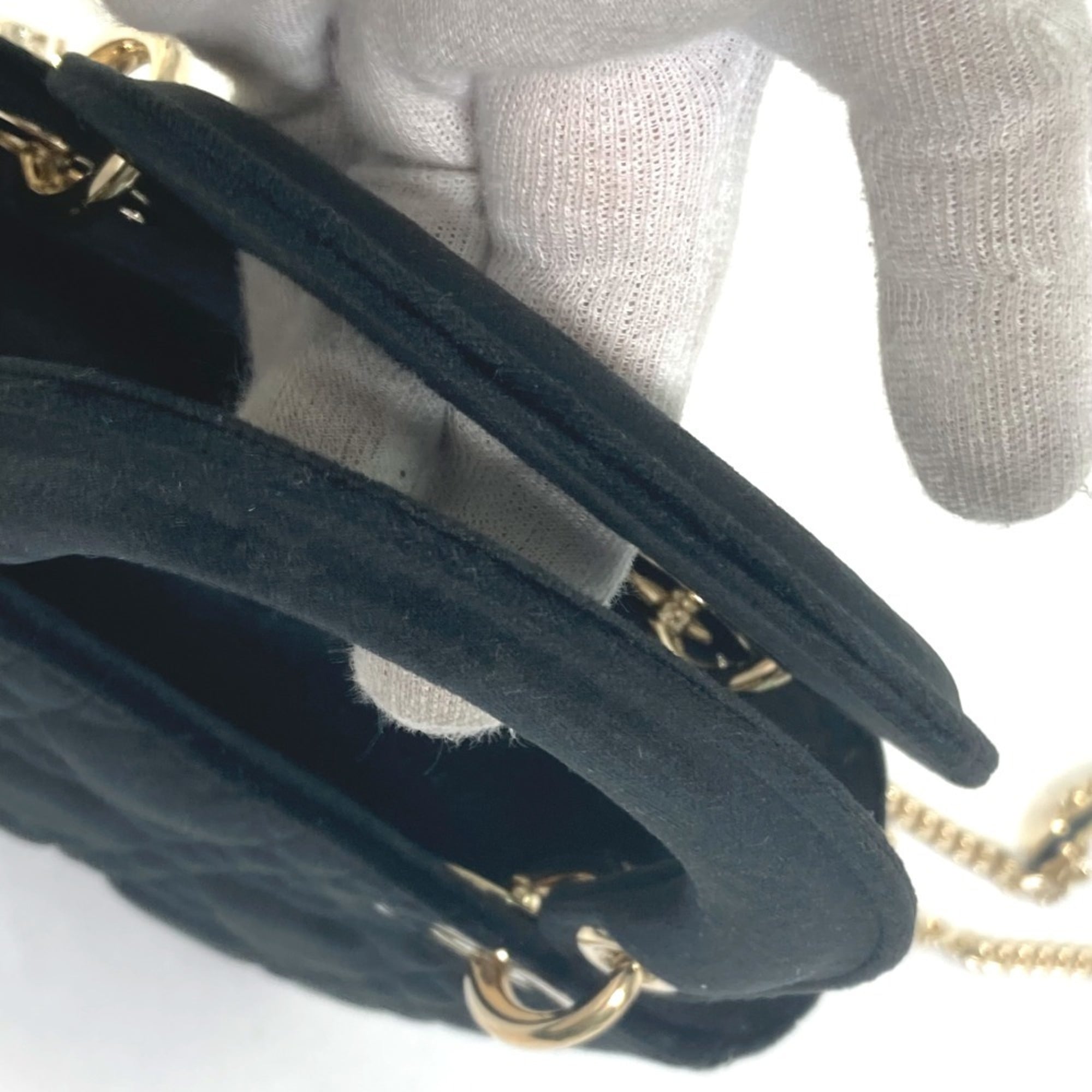 Christian Dior Dior Lady Chain Cannage Rhinestone Shoulder Bag Handbag Velour Leather Women's Black — New - Store Return