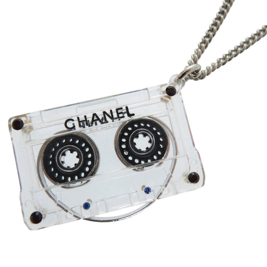 CHANEL Cassette Tape Rhinestone Necklace, Plastic, Clear, 1434