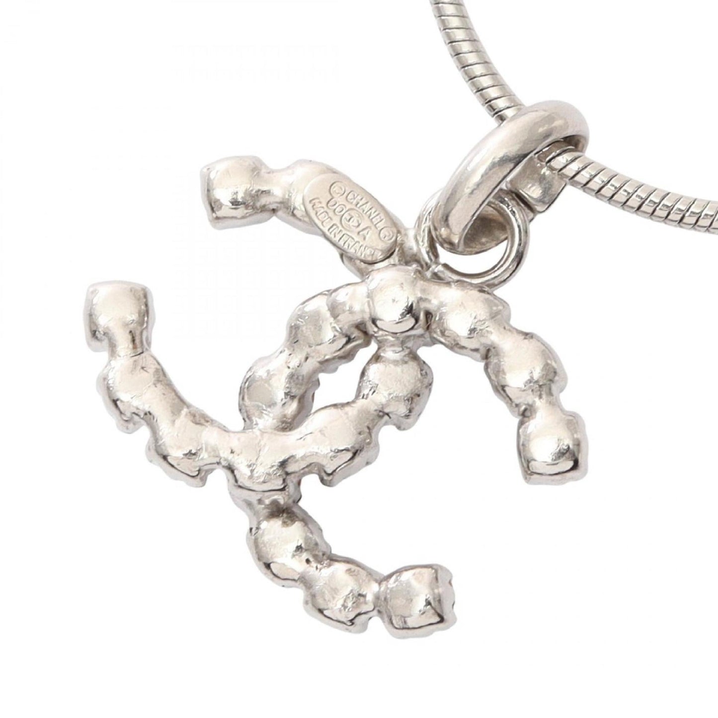 Chanel Coco Mark Necklace, Stainless Steel with Rhinestones, Women's, Silver and Clear, OOA