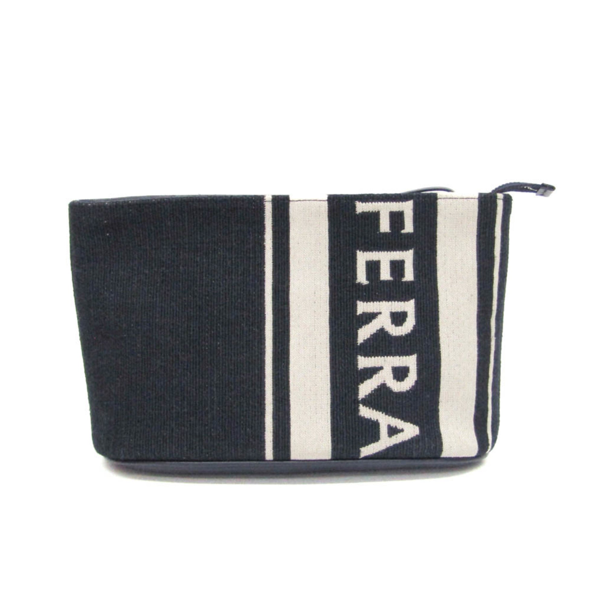 Salvatore Ferragamo Logo EE-24 1638 Women,Men Leather,Cotton Pouch Cream,Navy — Like New