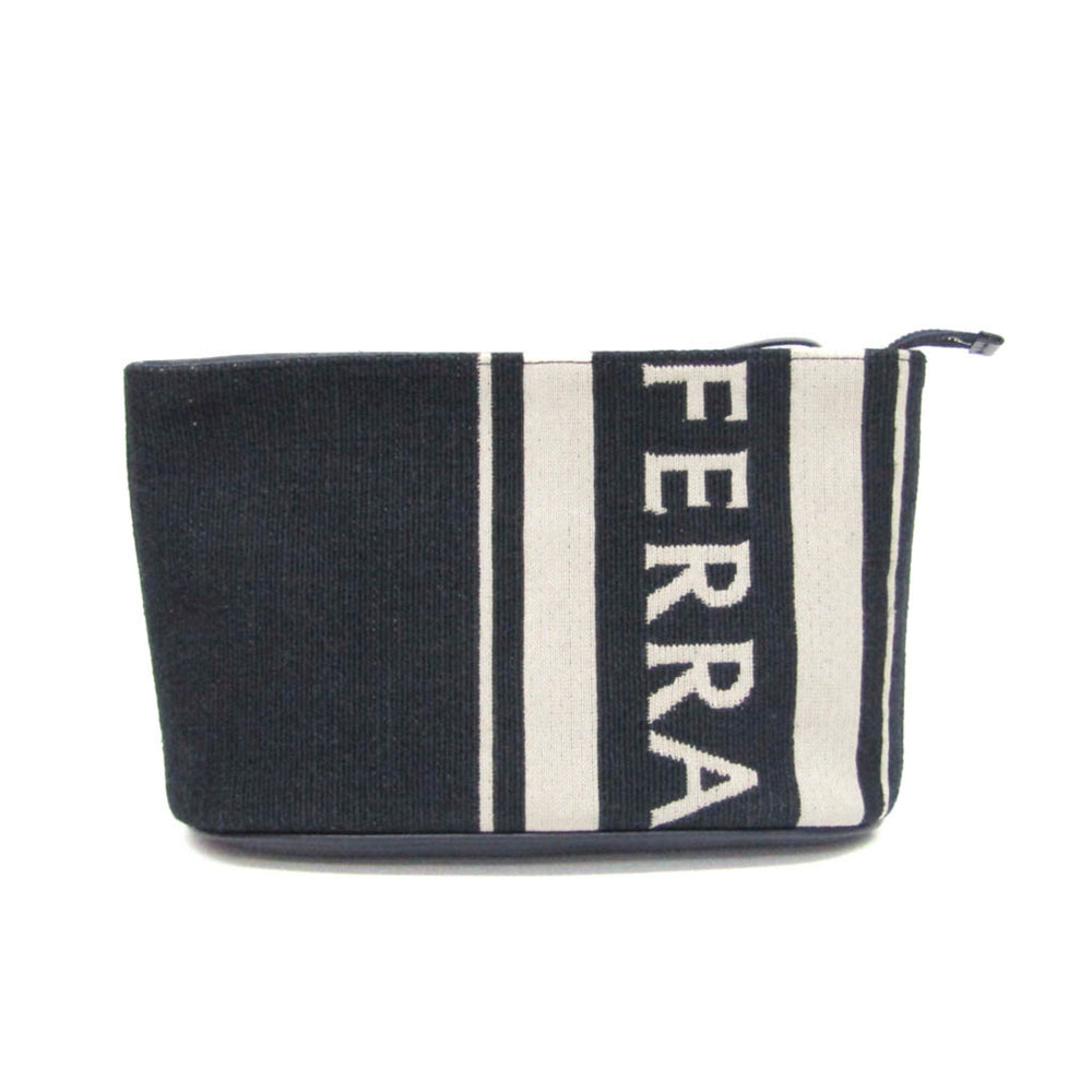 Salvatore Ferragamo Logo EE-24 1638 Women,Men Leather,Cotton Pouch Cream,Navy — Like New