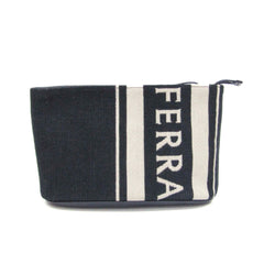 Salvatore Ferragamo Logo EE-24 1638 Women,Men Leather,Cotton Pouch Cream,Navy — Like New