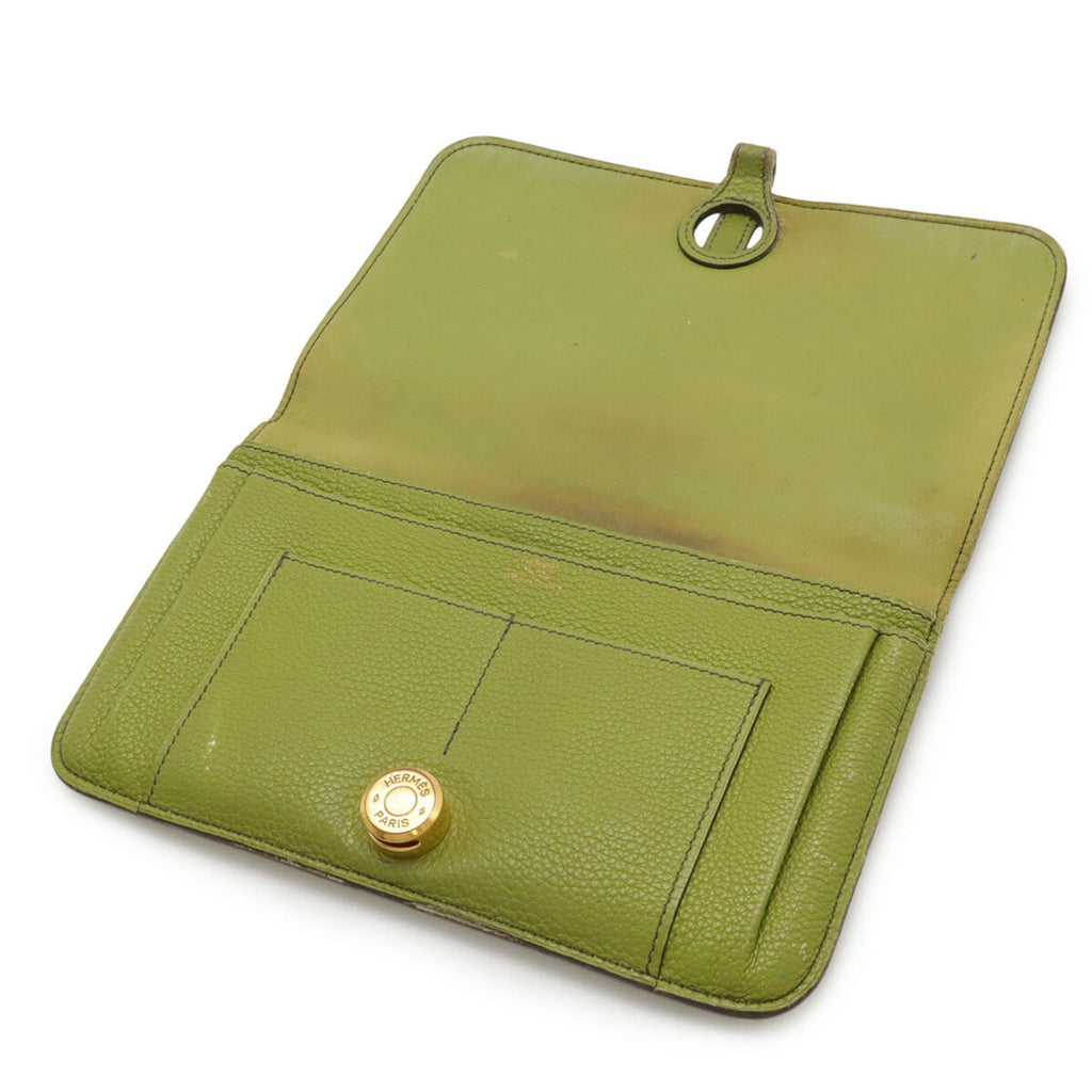 HERMES Dogon Duo GM Bifold Long Wallet in Togo Leather, Anise Green/Yellow-Green, Coin Case Missing, □L Stamped