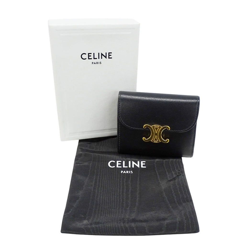 Celine Women's Triomphe Tri-fold Wallet in Shiny Calfskin. Compact, simple design.