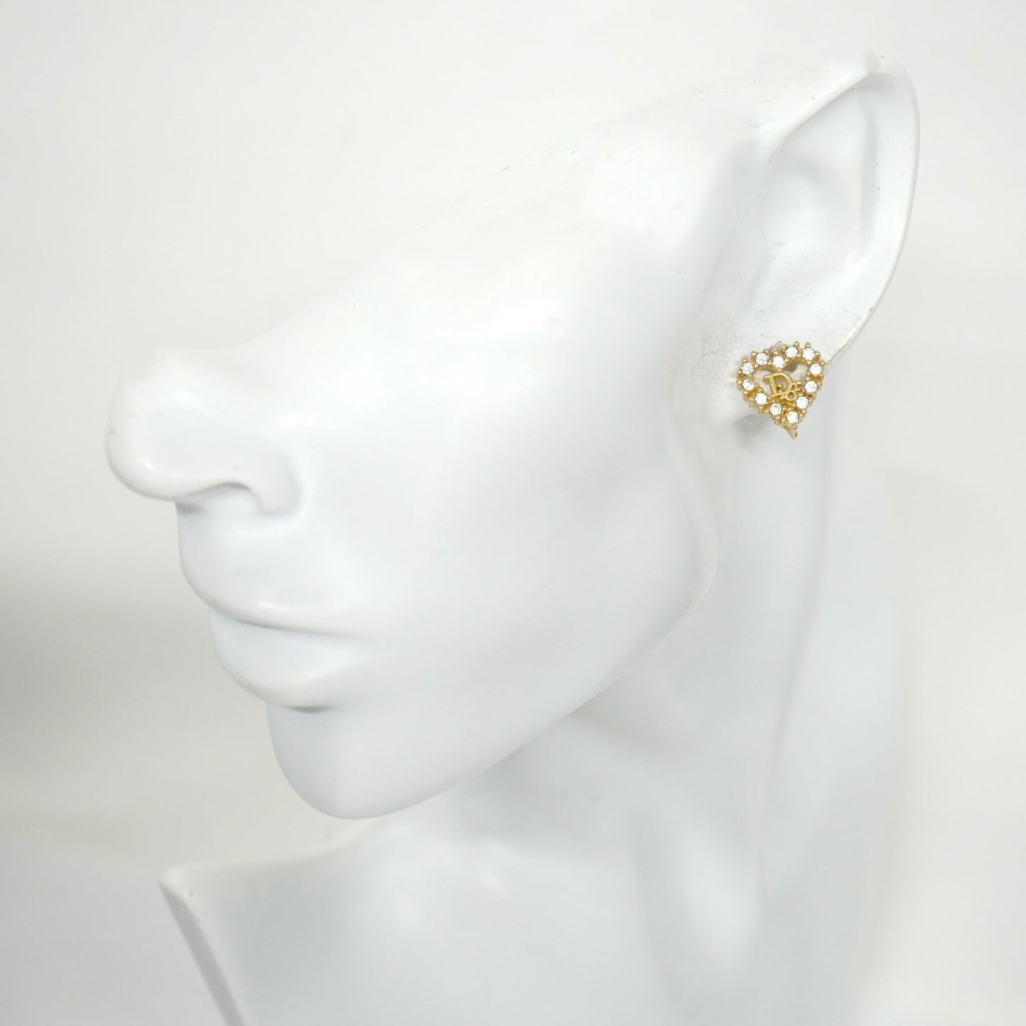 Christian Dior earrings, heart motif, GP plated, rhinestone, gold, for women.