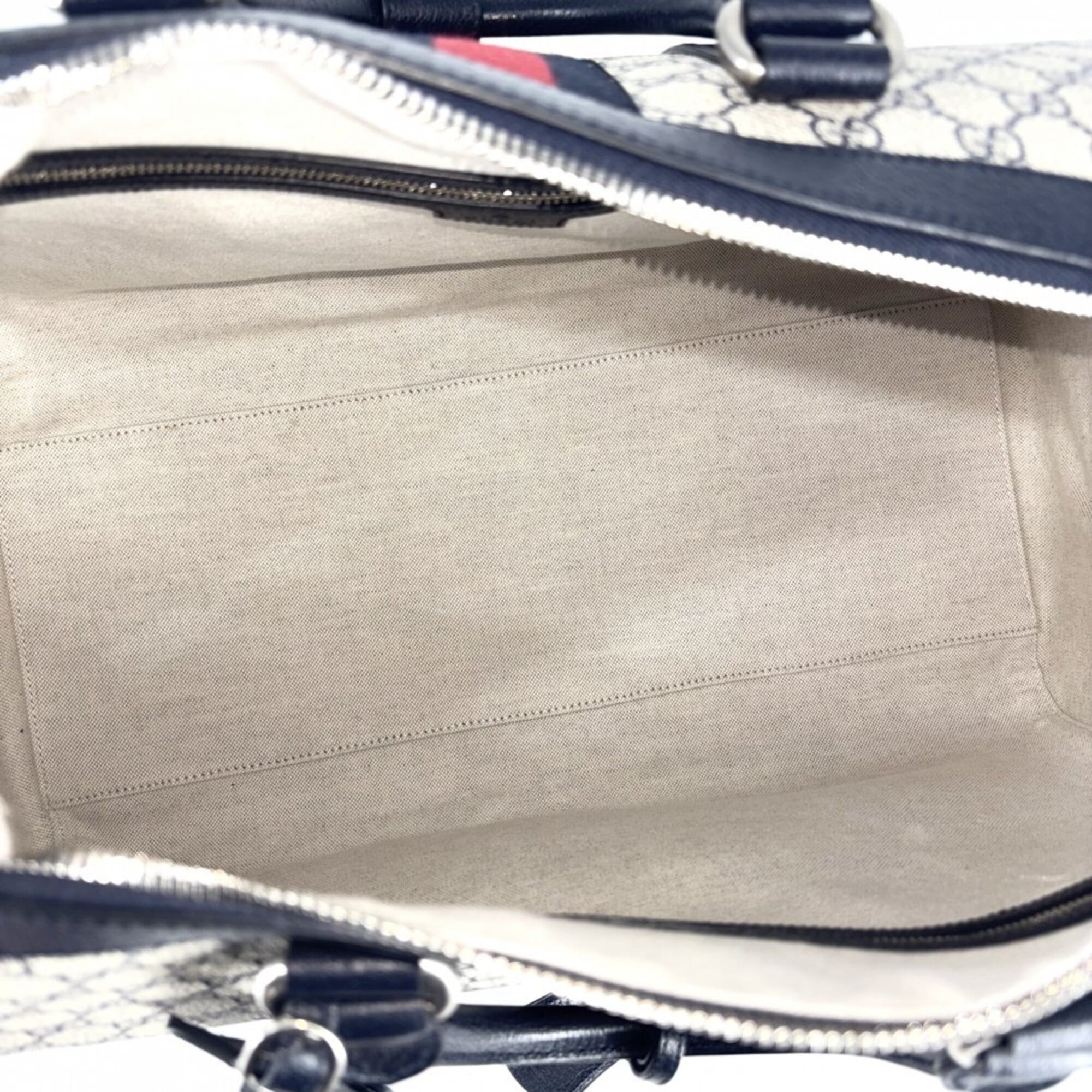Gucci Boston Bag for Men and Women, Ophidia Medium Duffle Bag, Handbag, Shoulder Crossbody Travel GUCCI 724642, GG Supreme Canvas, Leather, Navy, Beige, Silver Hardware — Like New