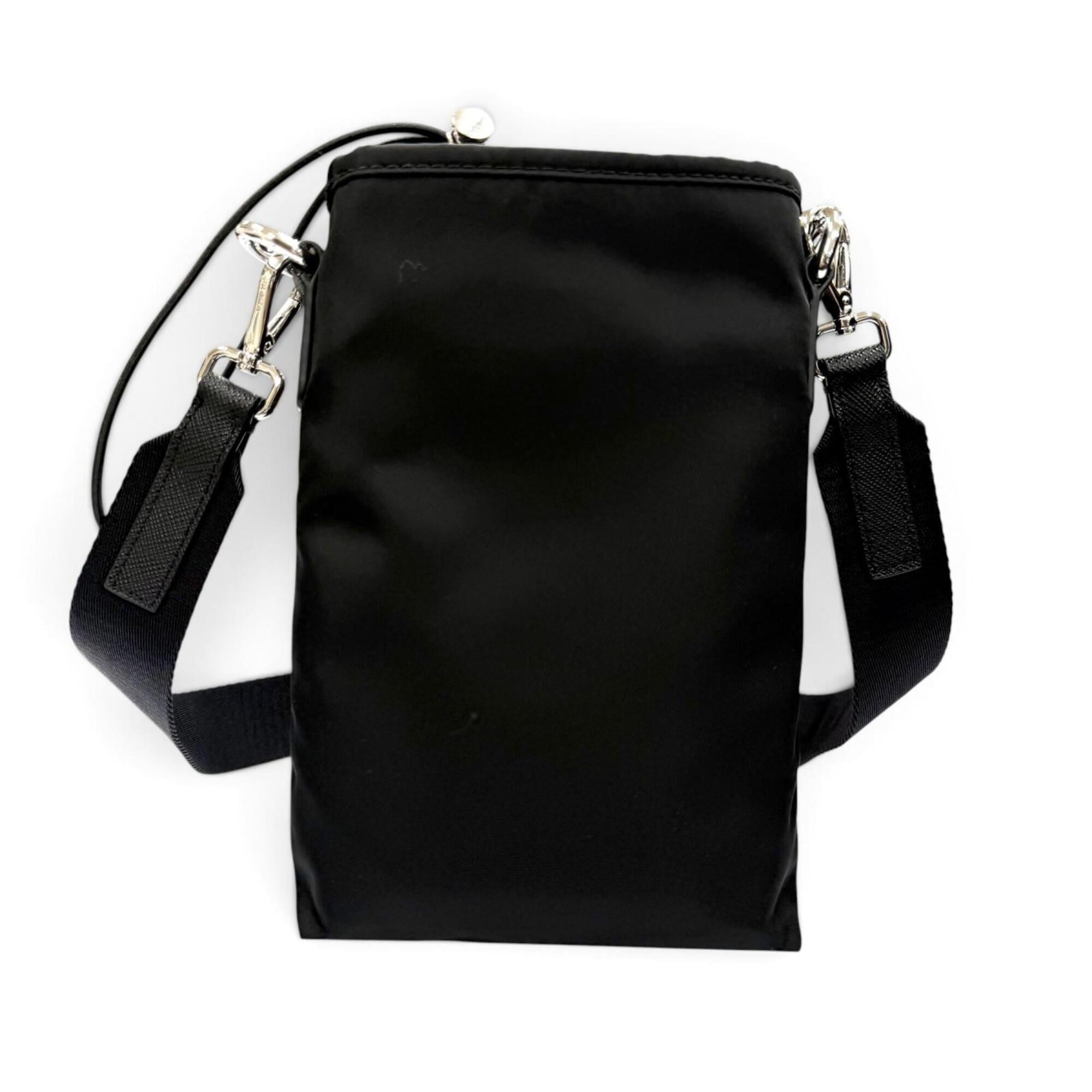 PRADA 2ZH155 Nylon Leather Re-Nylon Triangle Logo Plate Phone Case Shoulder Bag Black Silver Hardware Made in Italy Men's Comes with Box — Like New