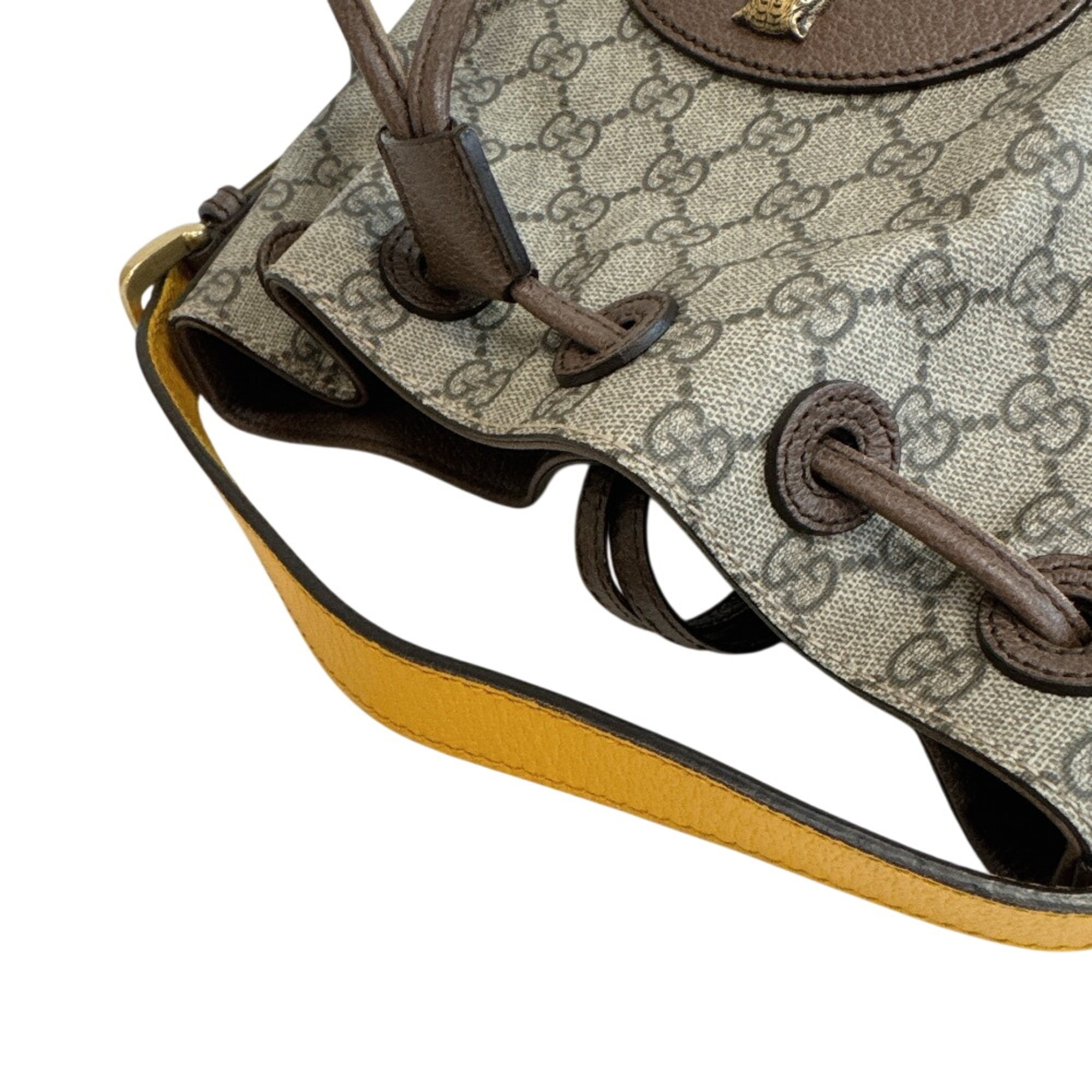 GUCCI 473875 Tiger Drawstring One-Shoulder Bag GG Supreme Handbag Brown — Like New