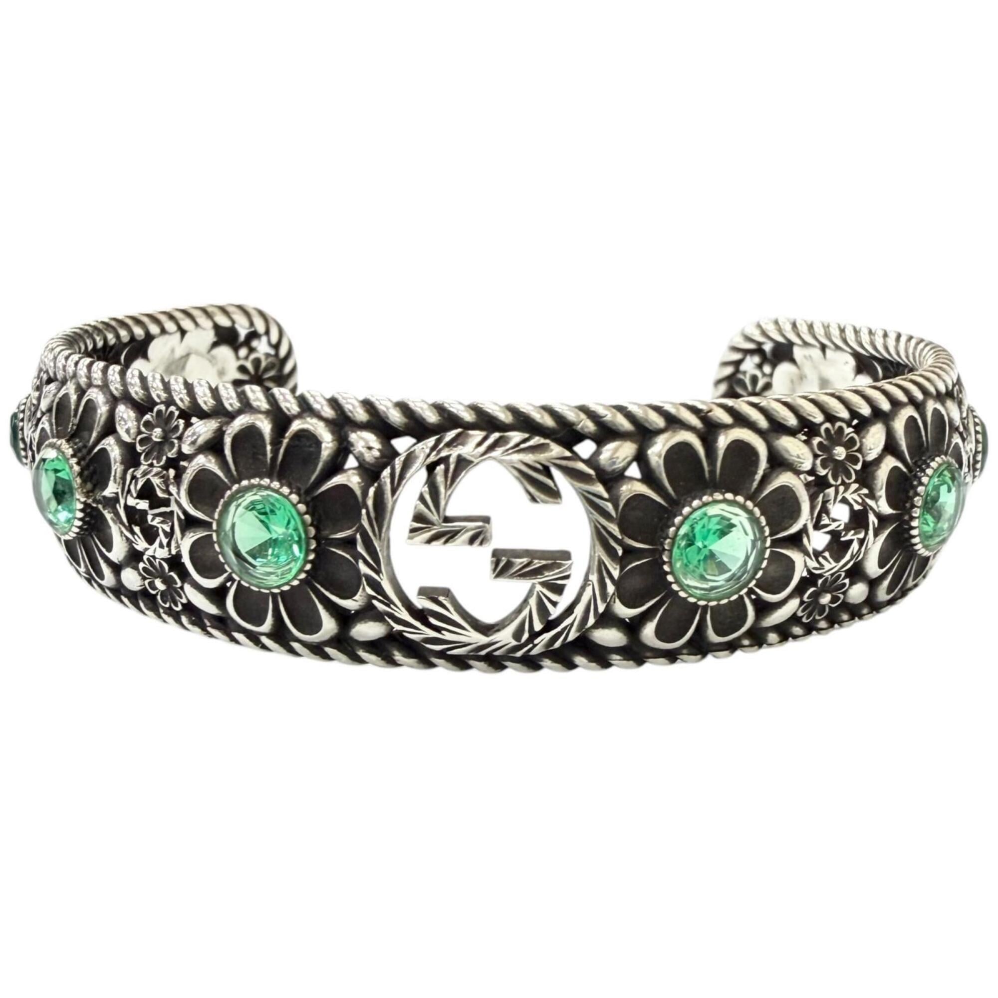 GUCCI AG925 Rhinestone Crystal Floral Interlocking G Bangle Bracelet, Silver Green, Size 16, Made in Italy, Weight 26.2g, Men's — Like New