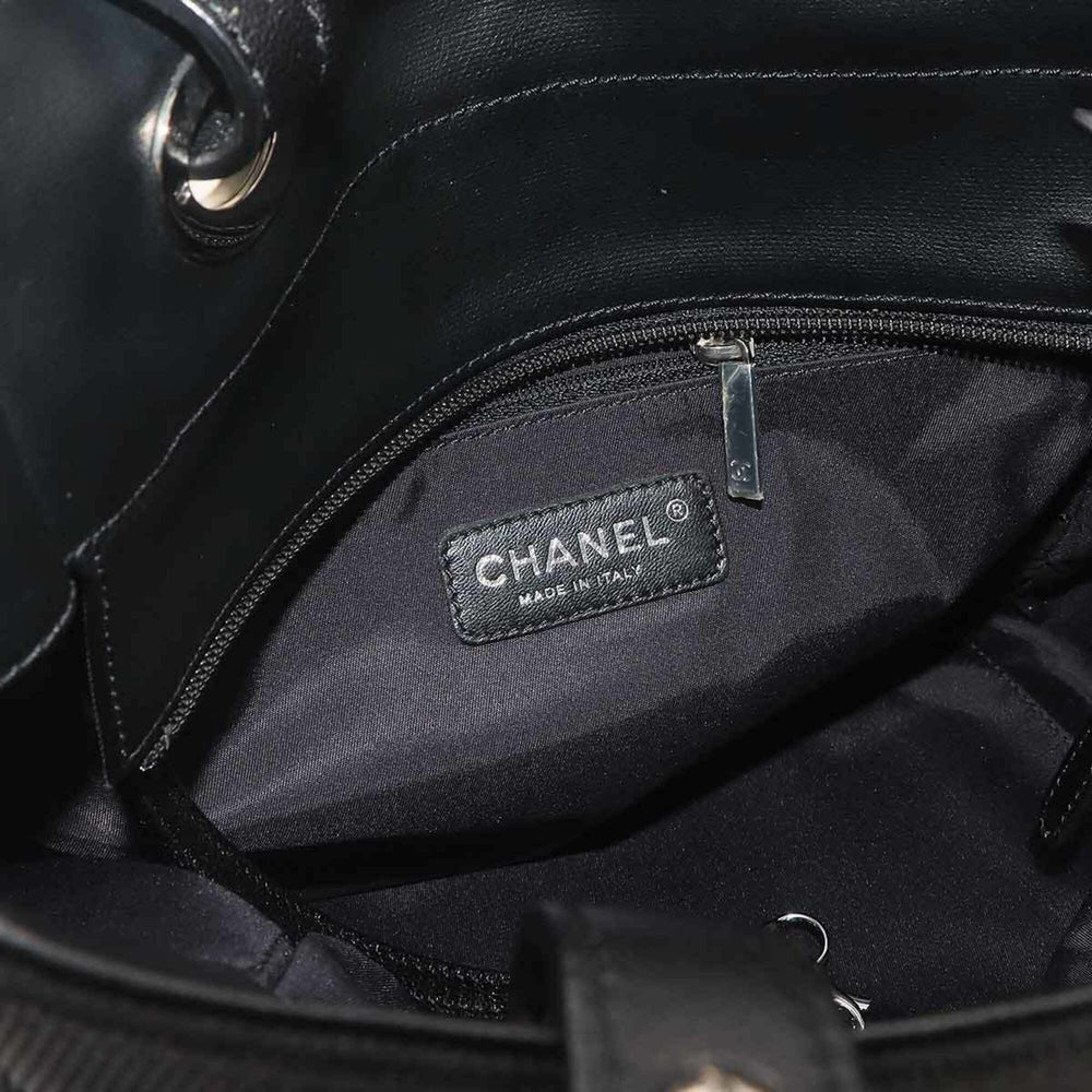 Chanel Paris Biarritz PM Tote Handbag, Nylon and Leather, Black, A34208, Silver Hardware — Like New