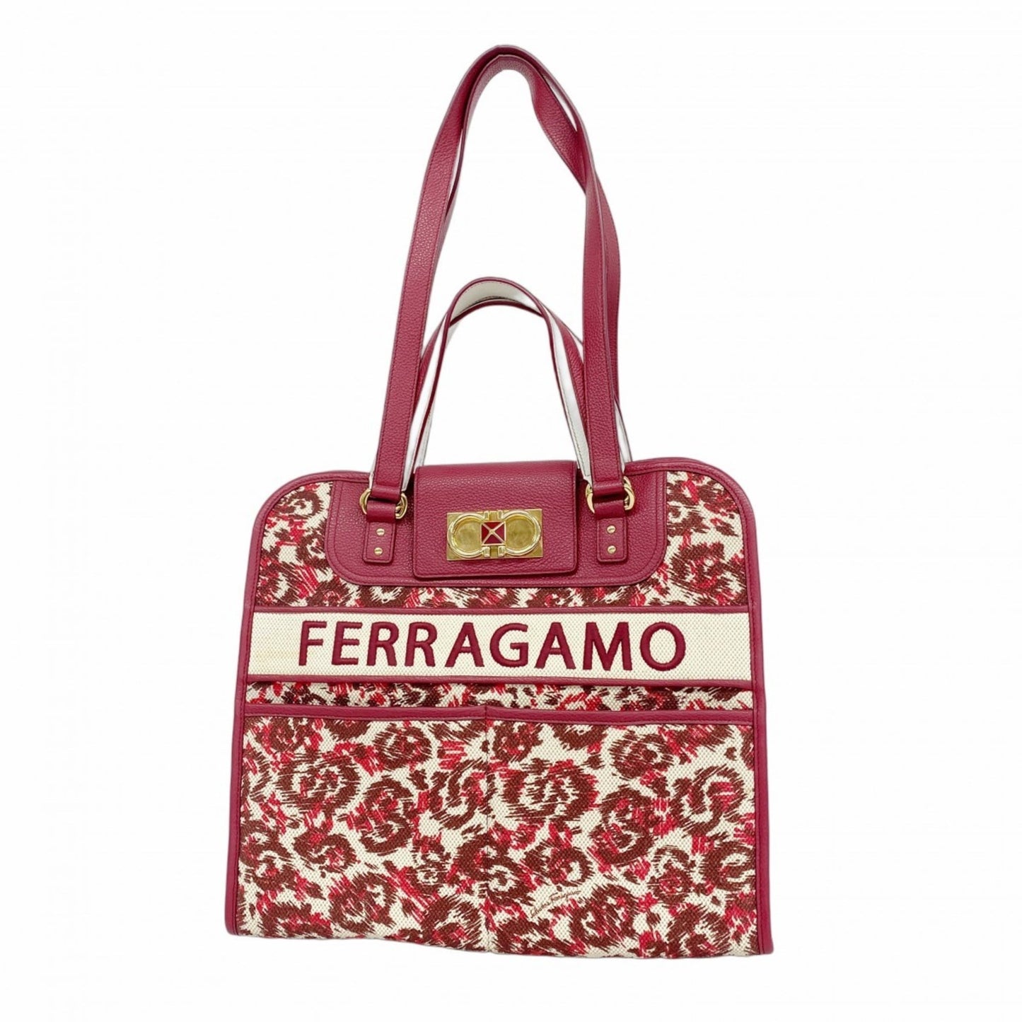 Salvatore Ferragamo Gancini Tote Bag, Bordeaux Canvas and Leather, 2-Way Bag for Women, P1926603