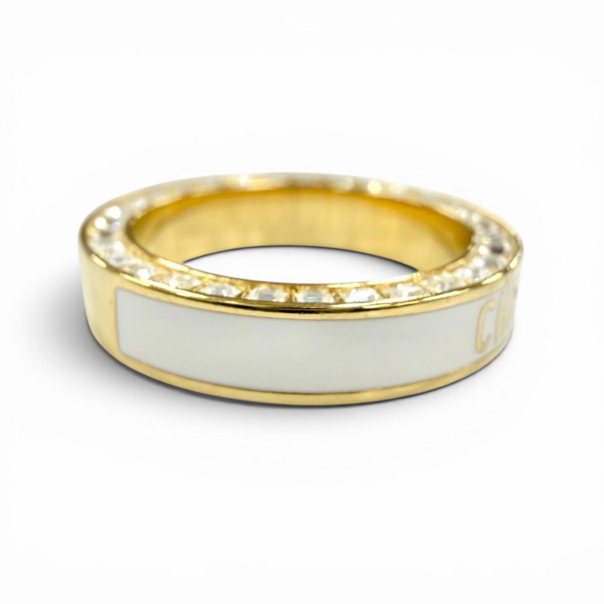 Christian Dior DIOR Night Code ring with crystal logo, rhinestones, and pavé crystals. White gold, size S. Women's. Comes box dust bag — Like New