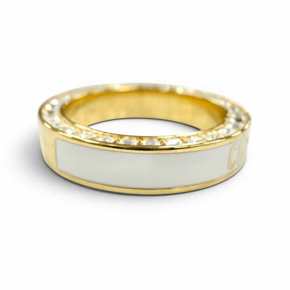 Christian Dior DIOR Night Code ring with crystal logo, rhinestones, and pavé crystals. White gold, size S. Women's. Comes box dust bag — Like New