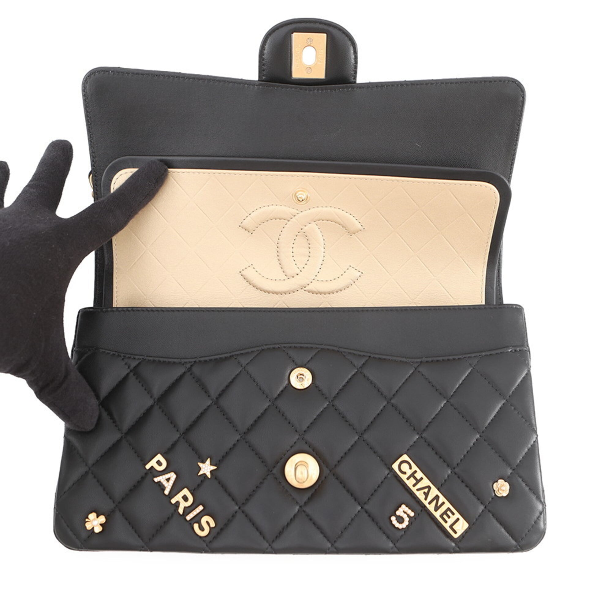 Chanel Chain Shoulder Bag Matelassé 25 Coco Mark Icon Charm Lambskin Double A01112 CHANEL Black Handbag Women's — Like New