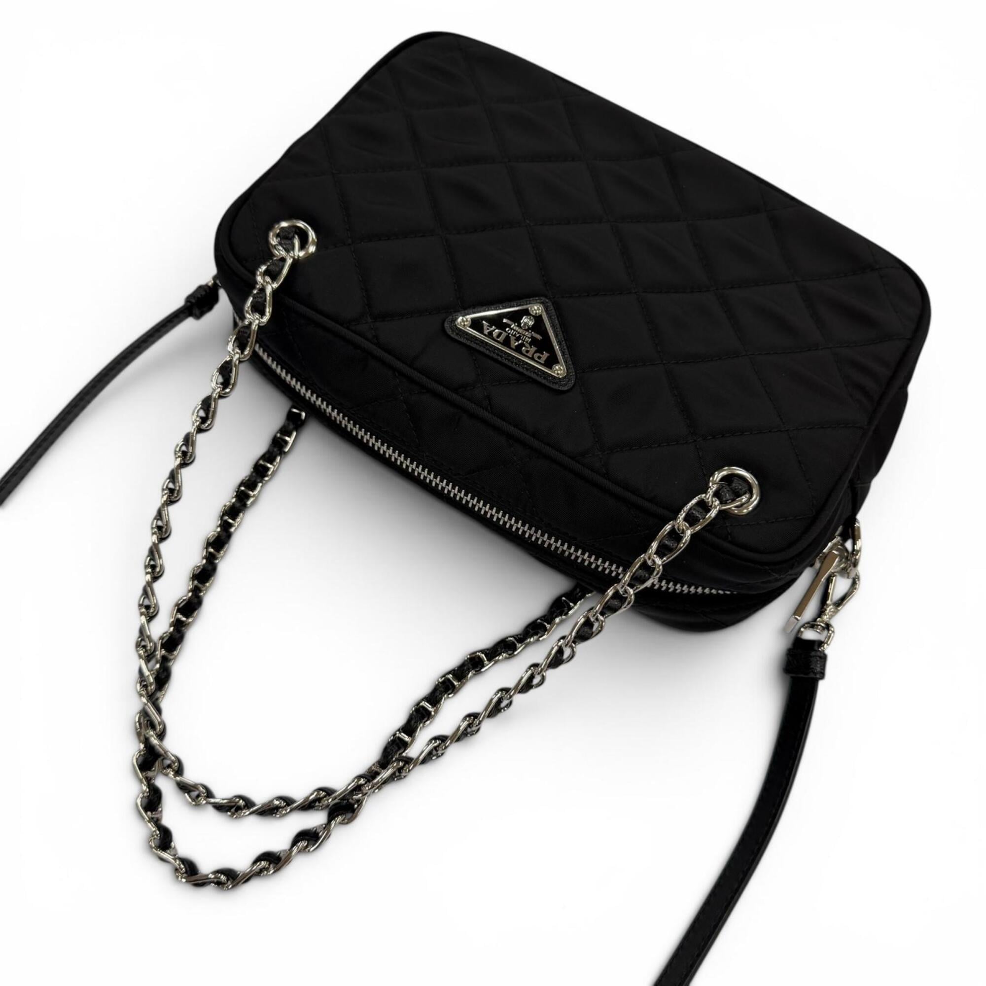 PRADA 1BH910 Tessuto Inpunto Triangle Logo Leather 2-Way Handbag/Shoulder Bag Black Silver Hardware Women's — Like New