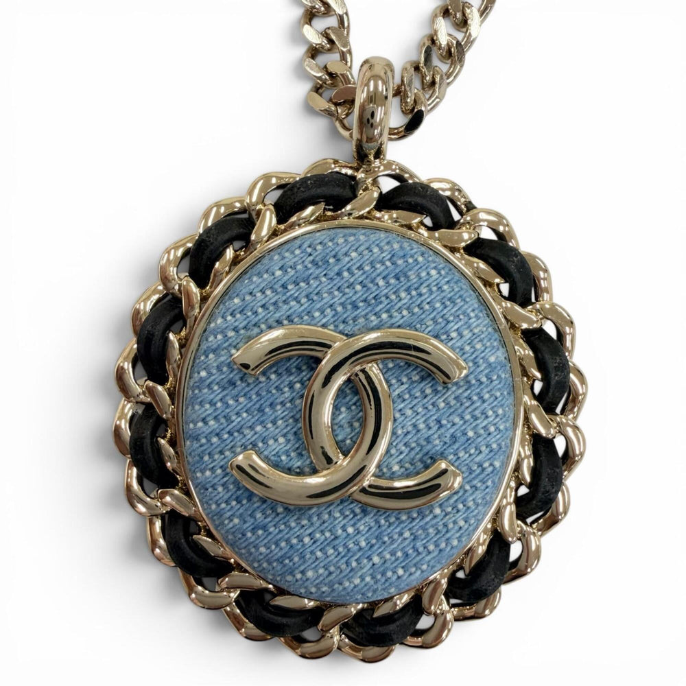 CHANEL (2025 model) B25P Coco Mark Denim Design Chain Necklace, Indigo Blue, Gold Hardware, Made in Italy, Women's — Like New