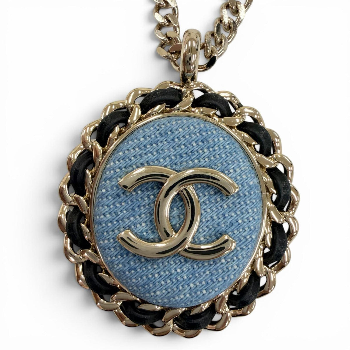 CHANEL (2025 model) B25P Coco Mark Denim Design Chain Necklace, Indigo Blue, Gold Hardware, Made in Italy, Women's — Like New