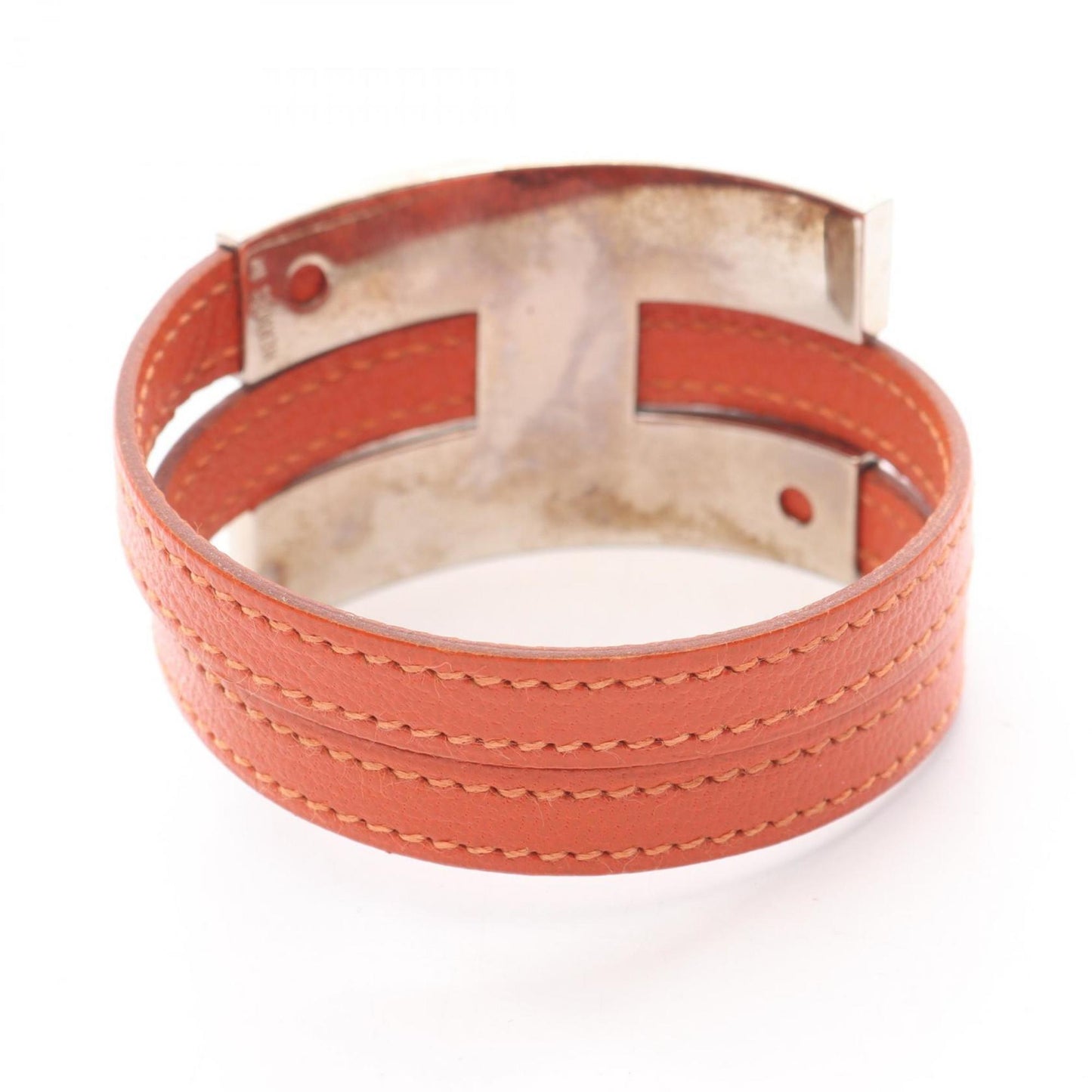 Hermes Hermès Puspus MM Bracelet, Stainless Steel, Chevre, Women's, Orange and Silver