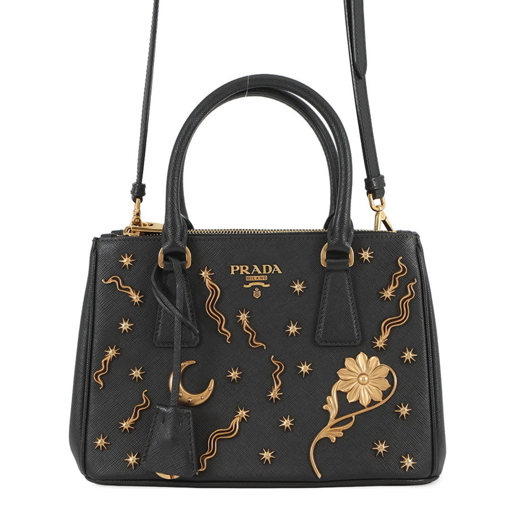 Prada Galleria Small Studded Saffiano Leather Handbag 1BA896, Black, 2-Way