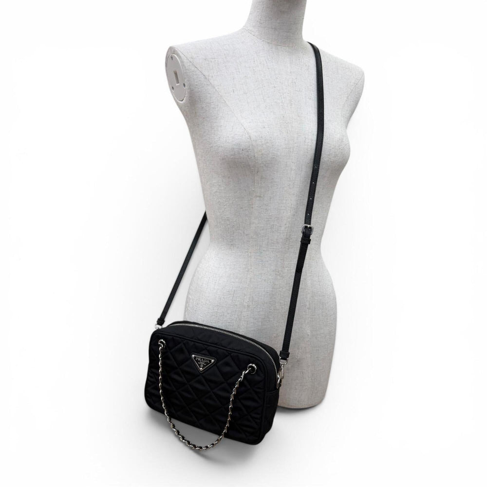 PRADA 1BH910 Tessuto Inpunto Triangle Logo Leather 2-Way Handbag/Shoulder Bag Black Silver Hardware Women's — Like New