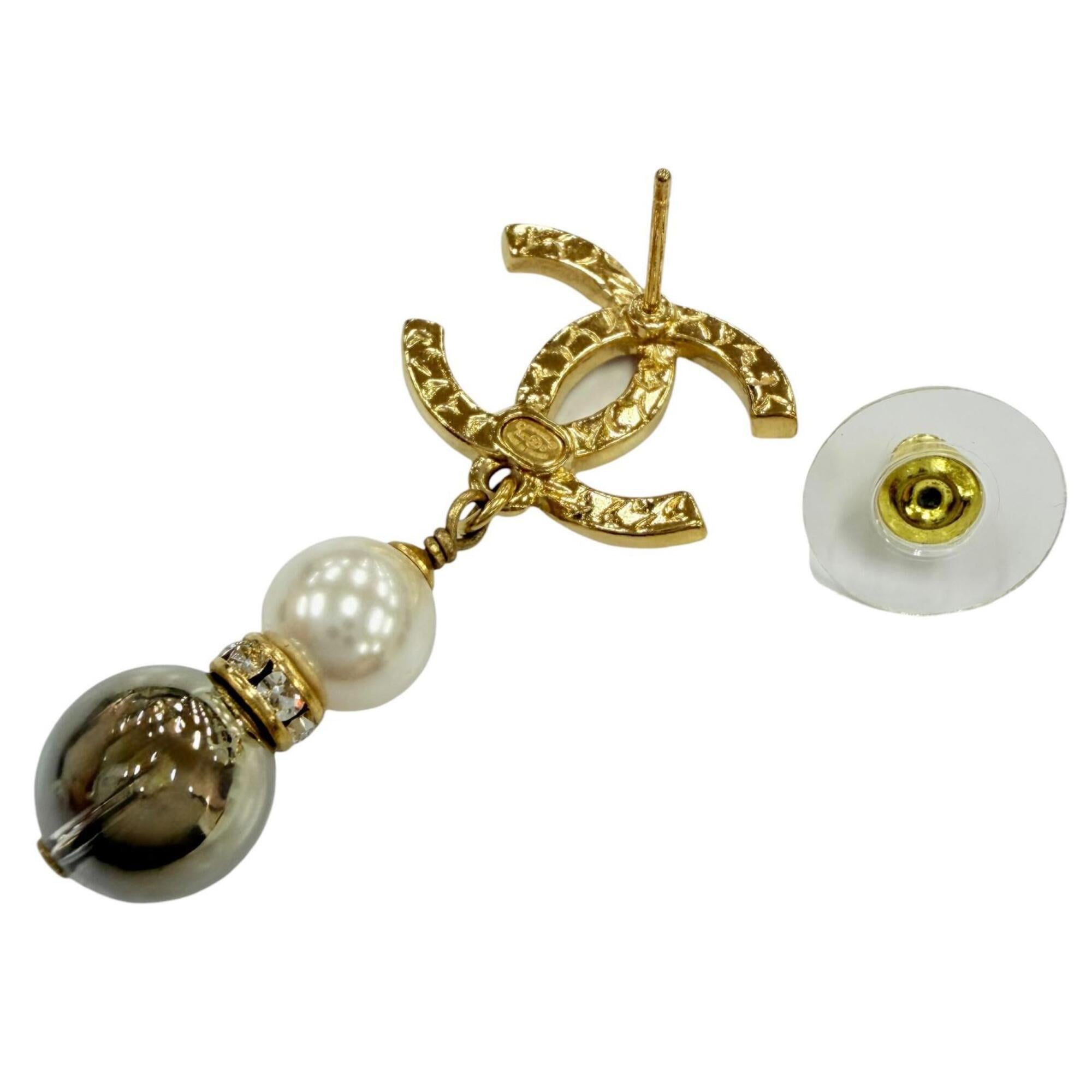 CHANEL A23C Coco Mark Rhinestone Pearl Stone Swing Earrings, Gold, Made in France, Women's, with Box and Dust Bag — Like New