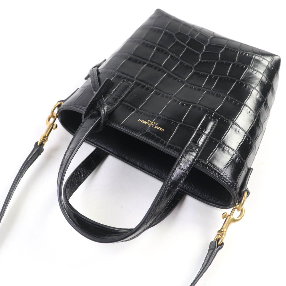SAINT LAURENT 712367 Mini Toy Shopping Leather Crocodile Embossed 2-Way Handbag/Shoulder Bag, Black, with Box and Dust Made in Italy, Women's — Like New