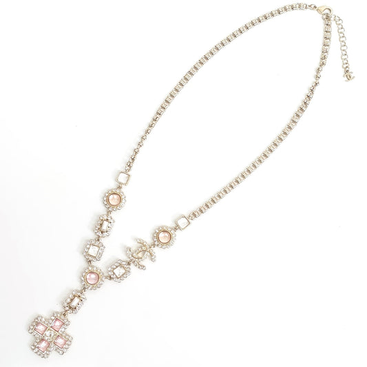 CHANEL A21K Cross CC Long Necklace, Pink Rhinestone JA-24929