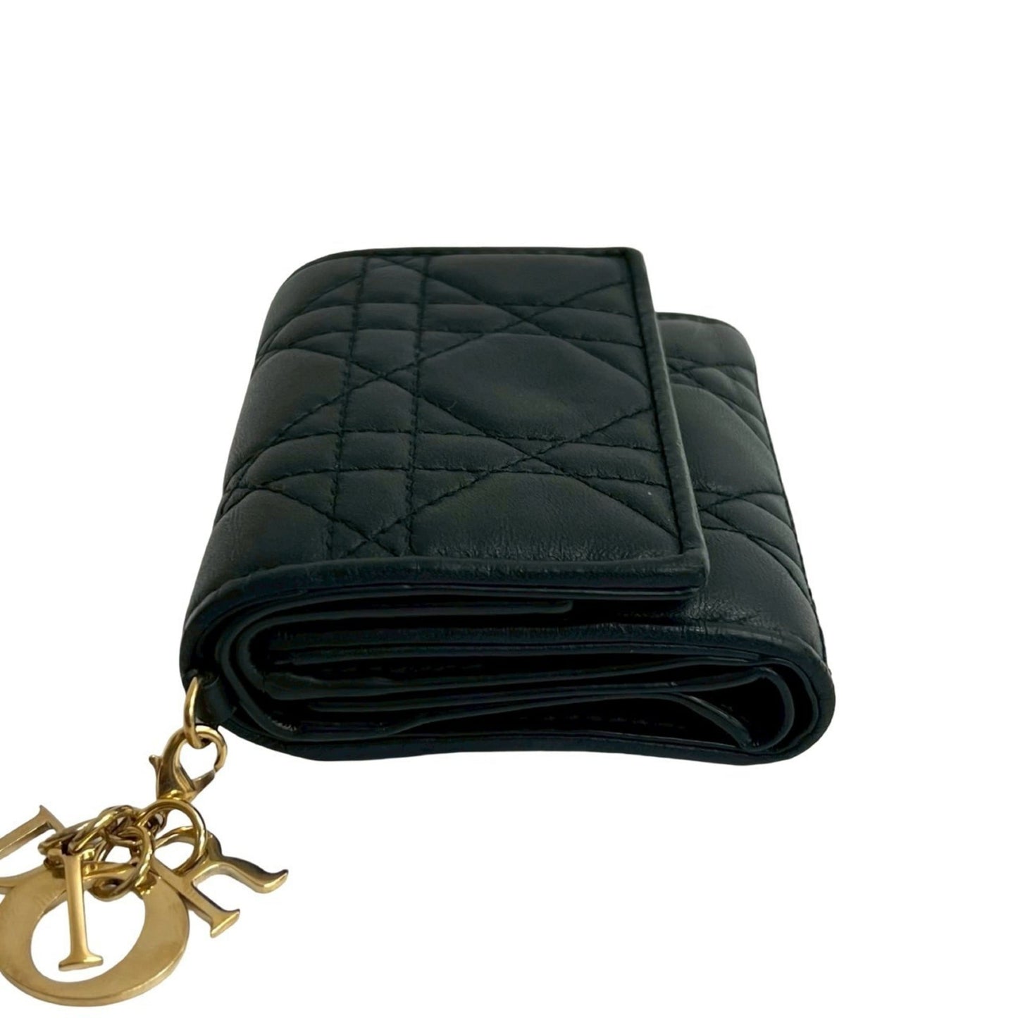 Christian Dior Cannage Stitch Logo Leather Tri-fold Wallet, Mini, Black, 13140