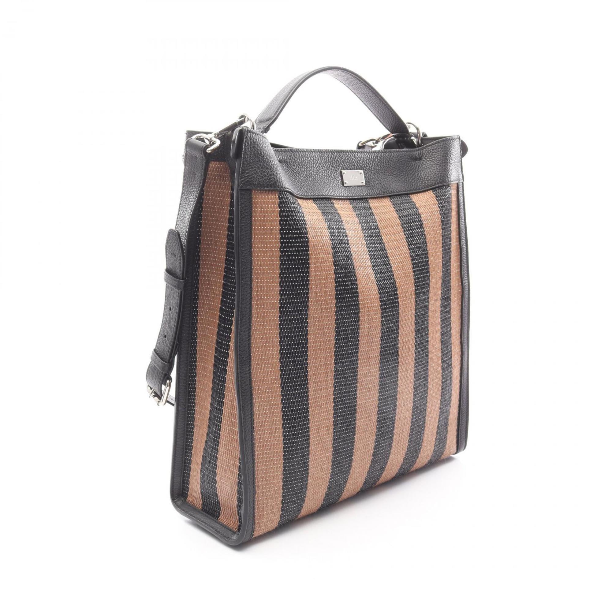 Fendi Peekaboo X-Litefit Tote Bag, Leather and Raffia, Men's, Black Brown, 7VA447