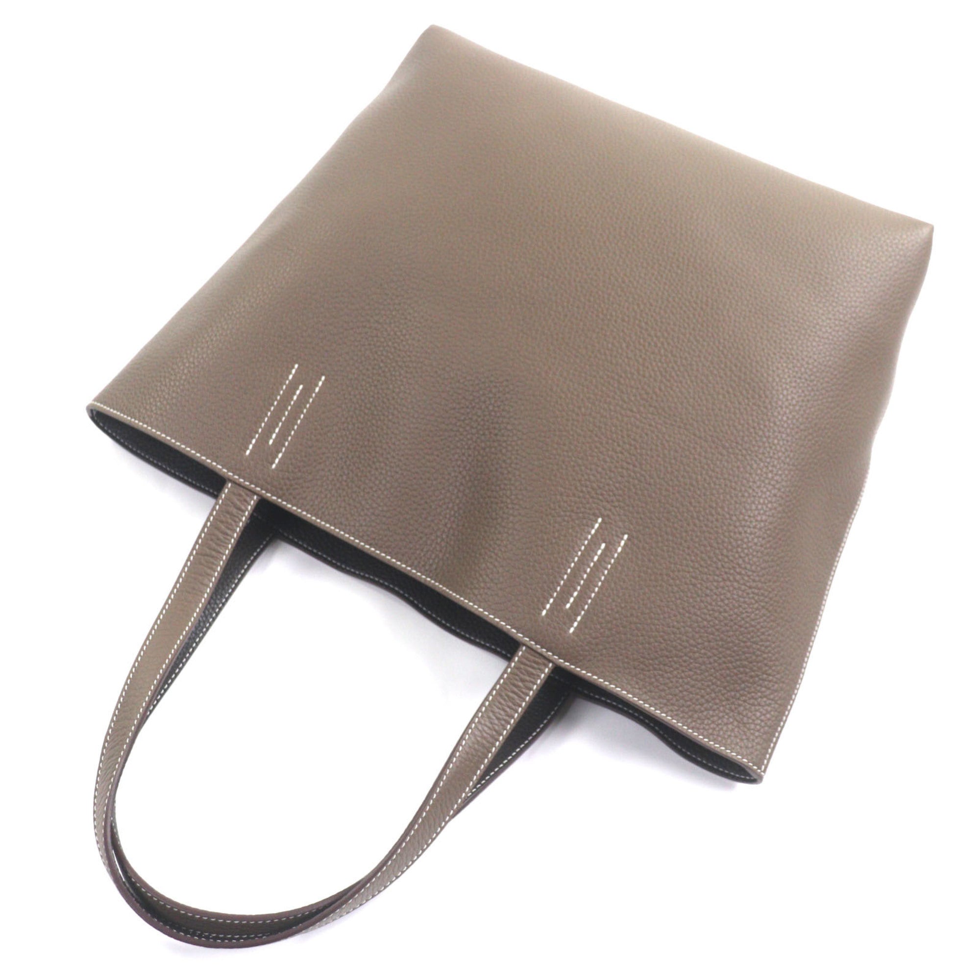 HERMES Double Sens 45 Tote Bag, Taurillon Clemence Leather, Etoupe/Ebene, K Stamp, with Dust Made in France, Men's — Like New