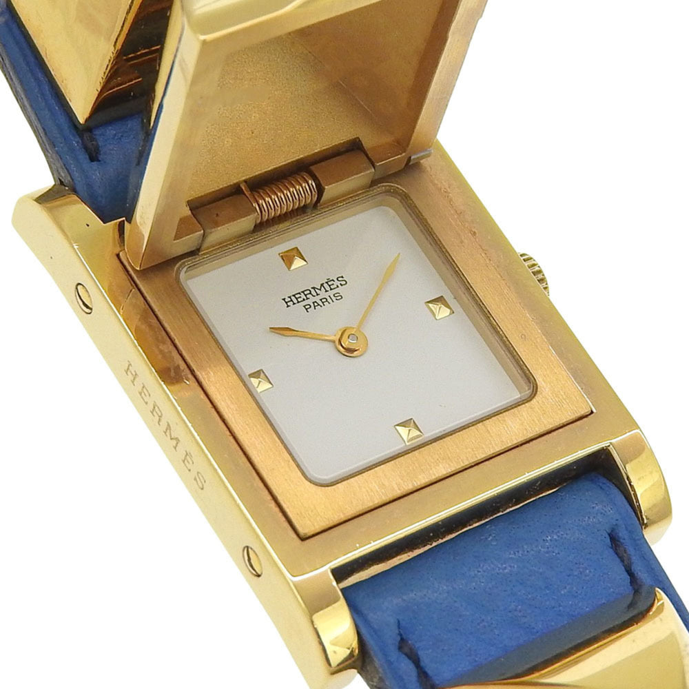 Hermès Medor Men's Watch, Gold-Plated Leather, Quartz Movement, Analog Display, White Dial — Good