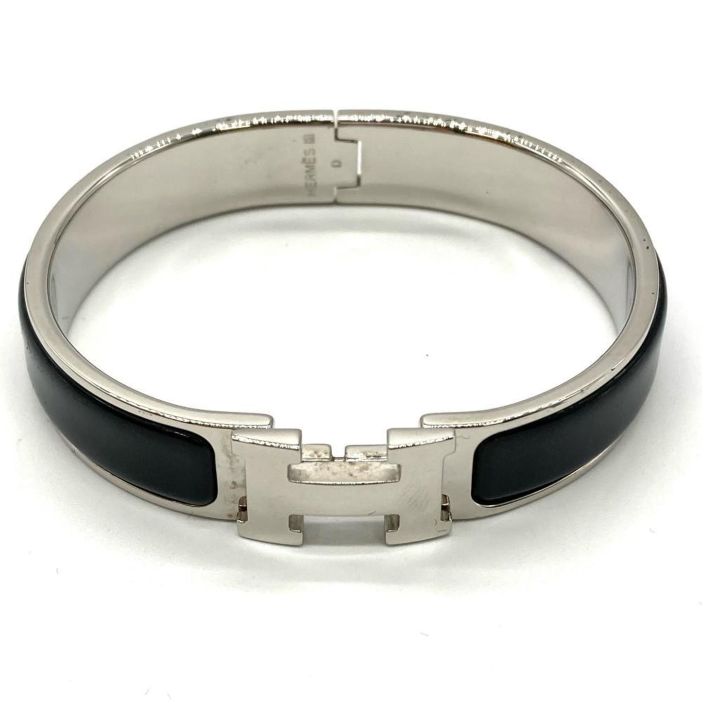 Hermes HERMES H Click Silver Bangle Cuff Enamel Black D Engraved