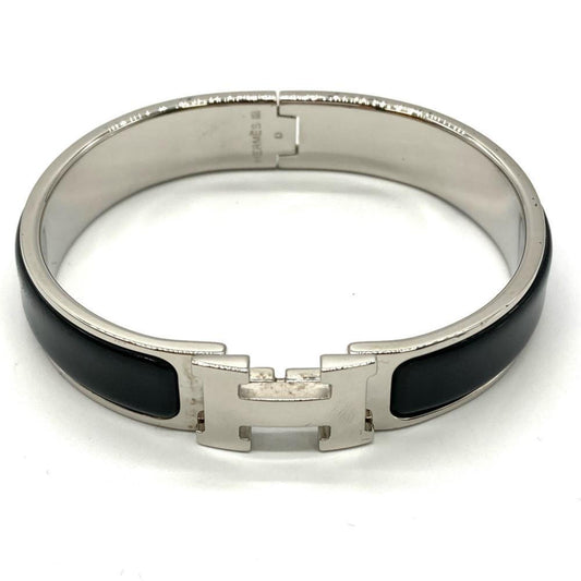 Hermes HERMES H Click Silver Bangle Cuff Enamel Black D Engraved